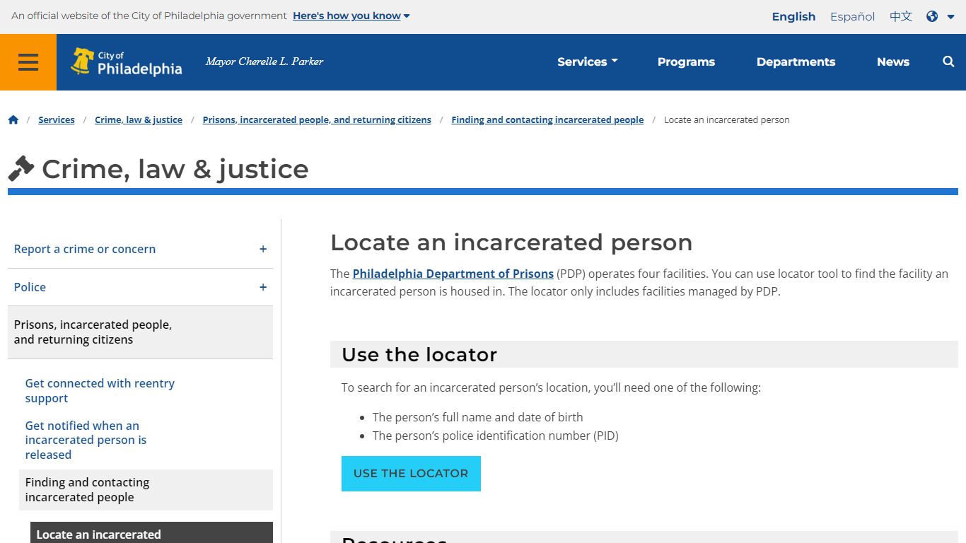 Locate an incarcerated person | Services | City of Philadelphia